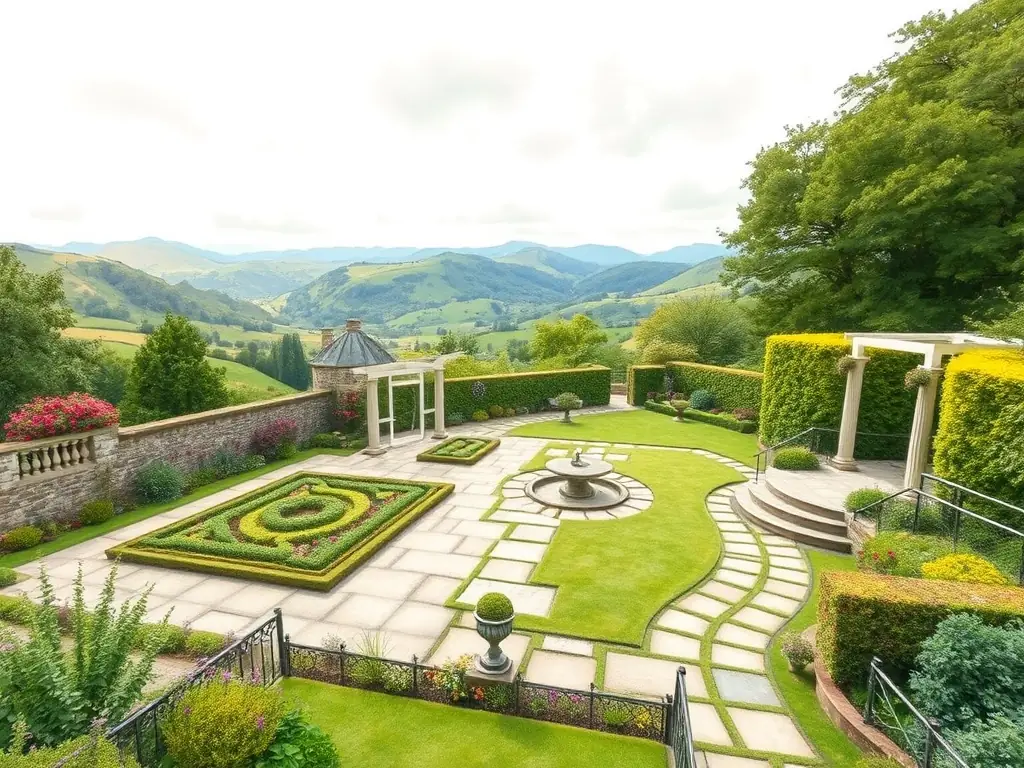 A detailed garden plan overlaid on a lush Welsh landscape, showcasing elegant outdoor rooms and planting schemes, representing the Master Garden Design service.