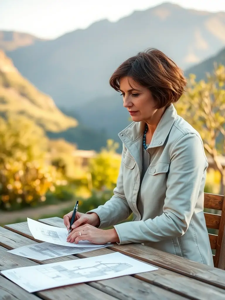 A serene image of a landscape architect in Eryri, North Wales, sketching garden design ideas during a Garden Vision Session, with mountains in the background.