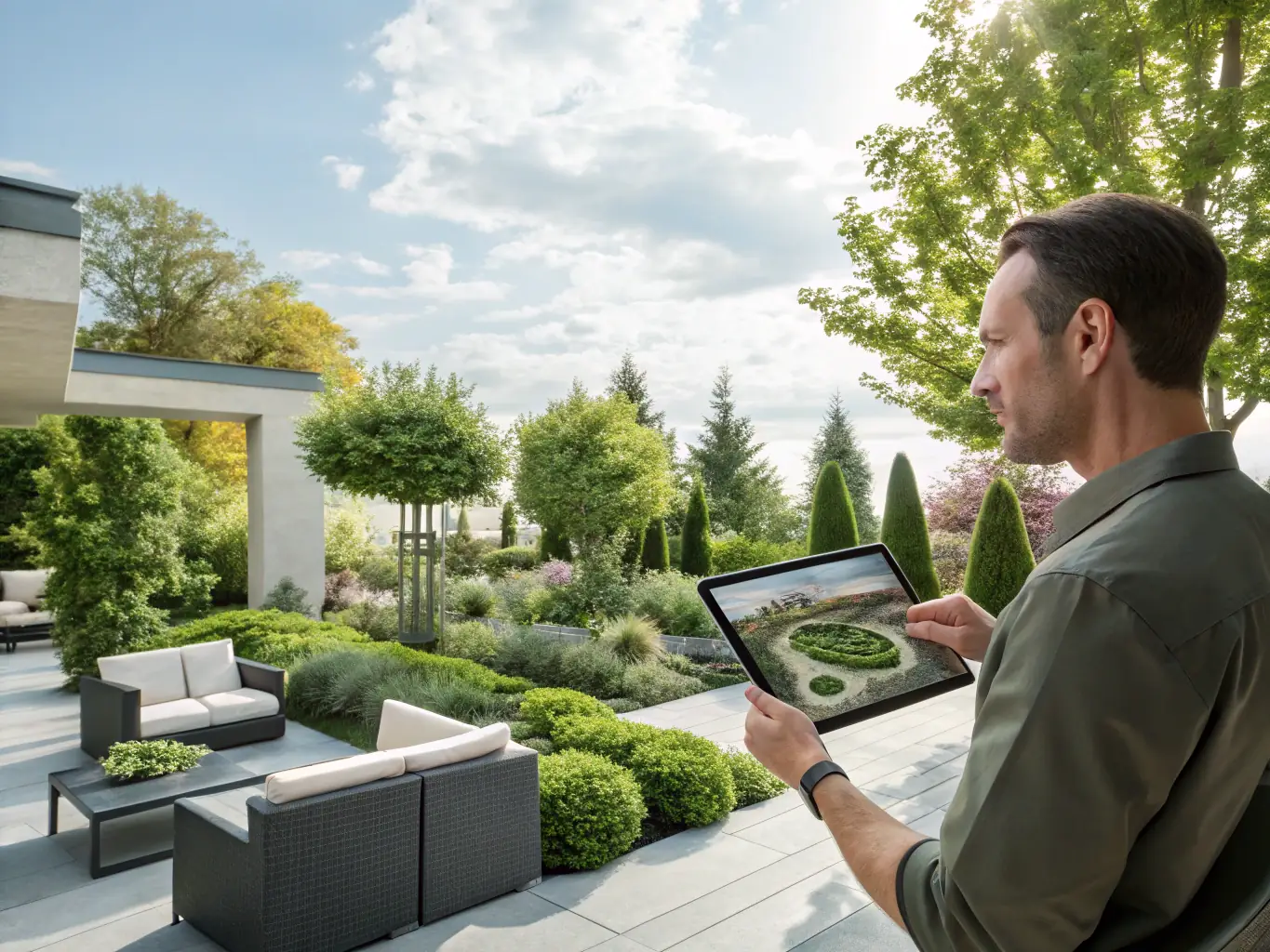 A serene Welsh garden featuring a landscape architect discussing design plans with clients amidst lush greenery, representing a Garden Vision Session.