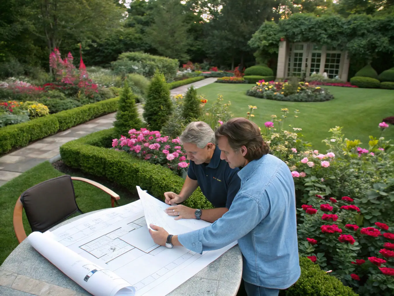 An image of a serene Welsh garden with a landscape architect discussing plans with clients amidst lush greenery, capturing the essence of a Garden Vision Session.