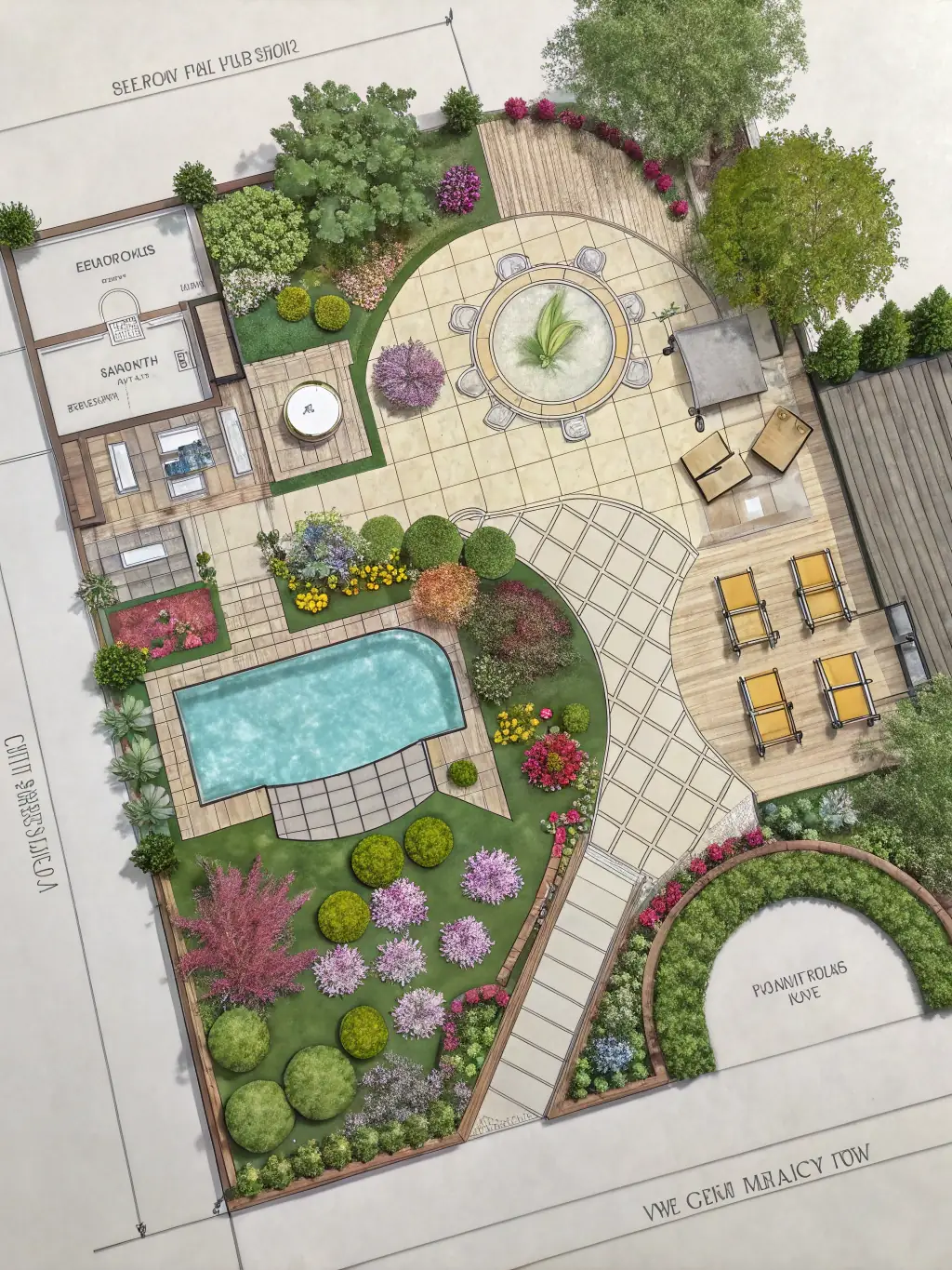 A high-angle shot of a meticulously designed garden plan for a country house in North Wales, showcasing detailed planting schemes and layout ideas.