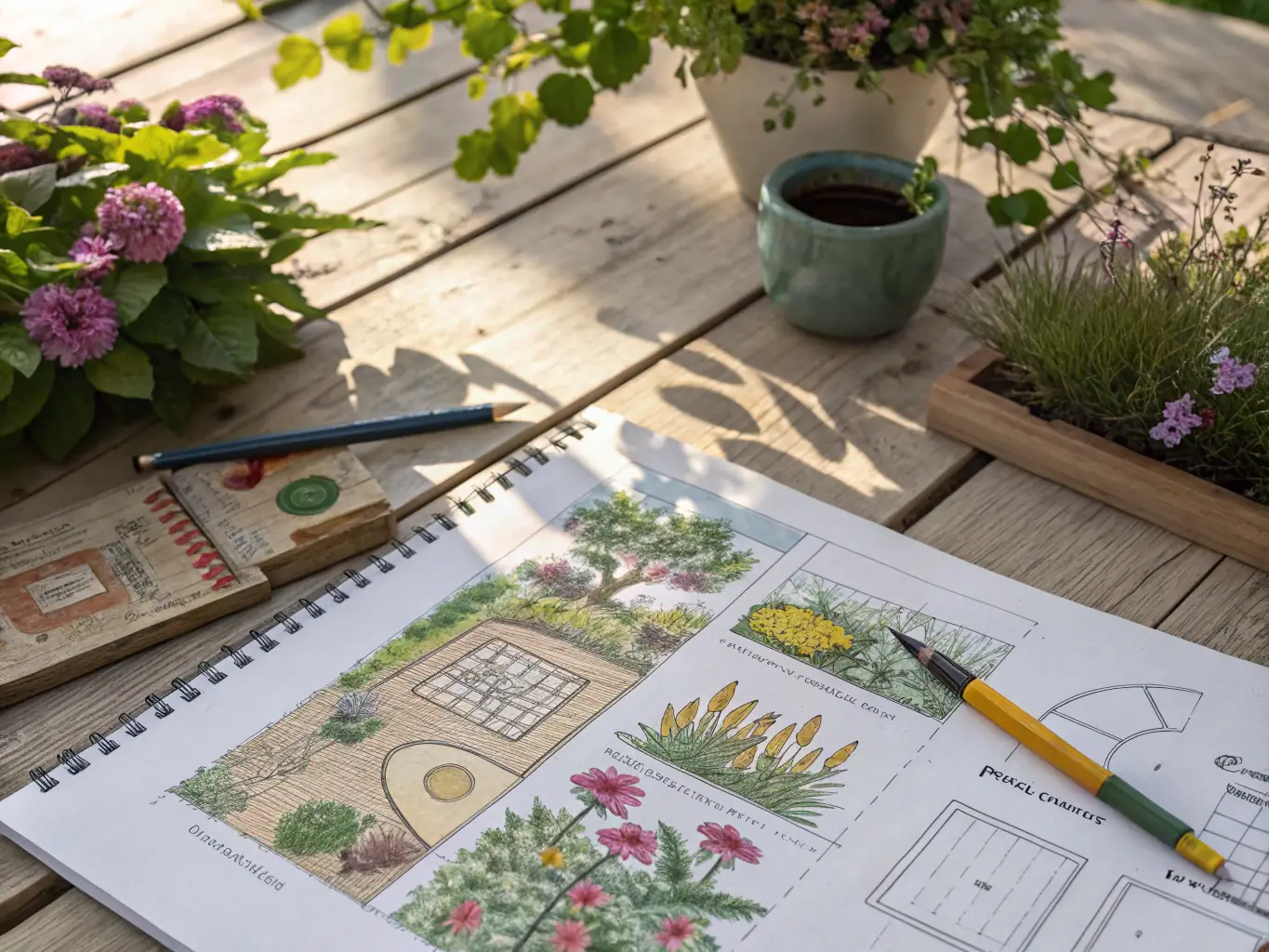 A detailed garden plan overlaid on a lush Welsh landscape, showcasing elegant outdoor rooms and planting schemes, representing Master Garden Design.