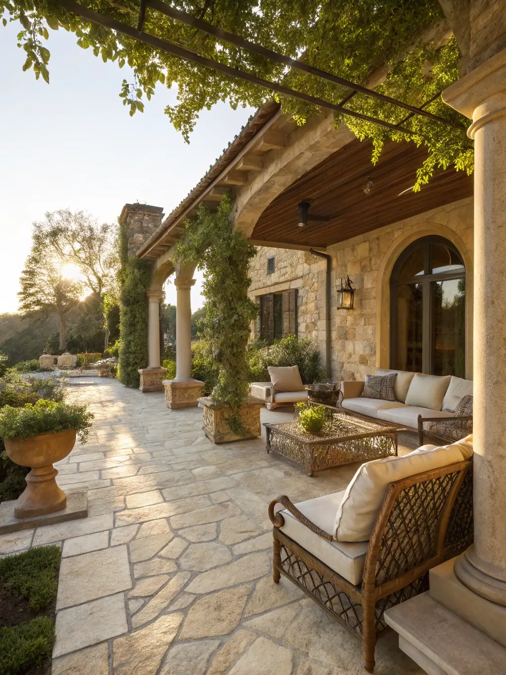 A close-up shot of a beautifully designed outdoor room in a Welsh garden, featuring natural stone paving, comfortable seating, and lush planting.